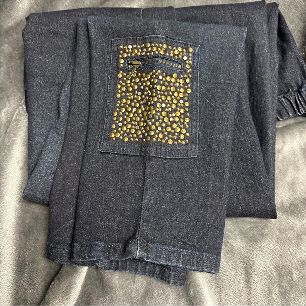 Diane Gilman Black Jeans with Gold Studded Pockets